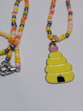 Beaded Yellow Hive Pendant Necklace with Pink Heart